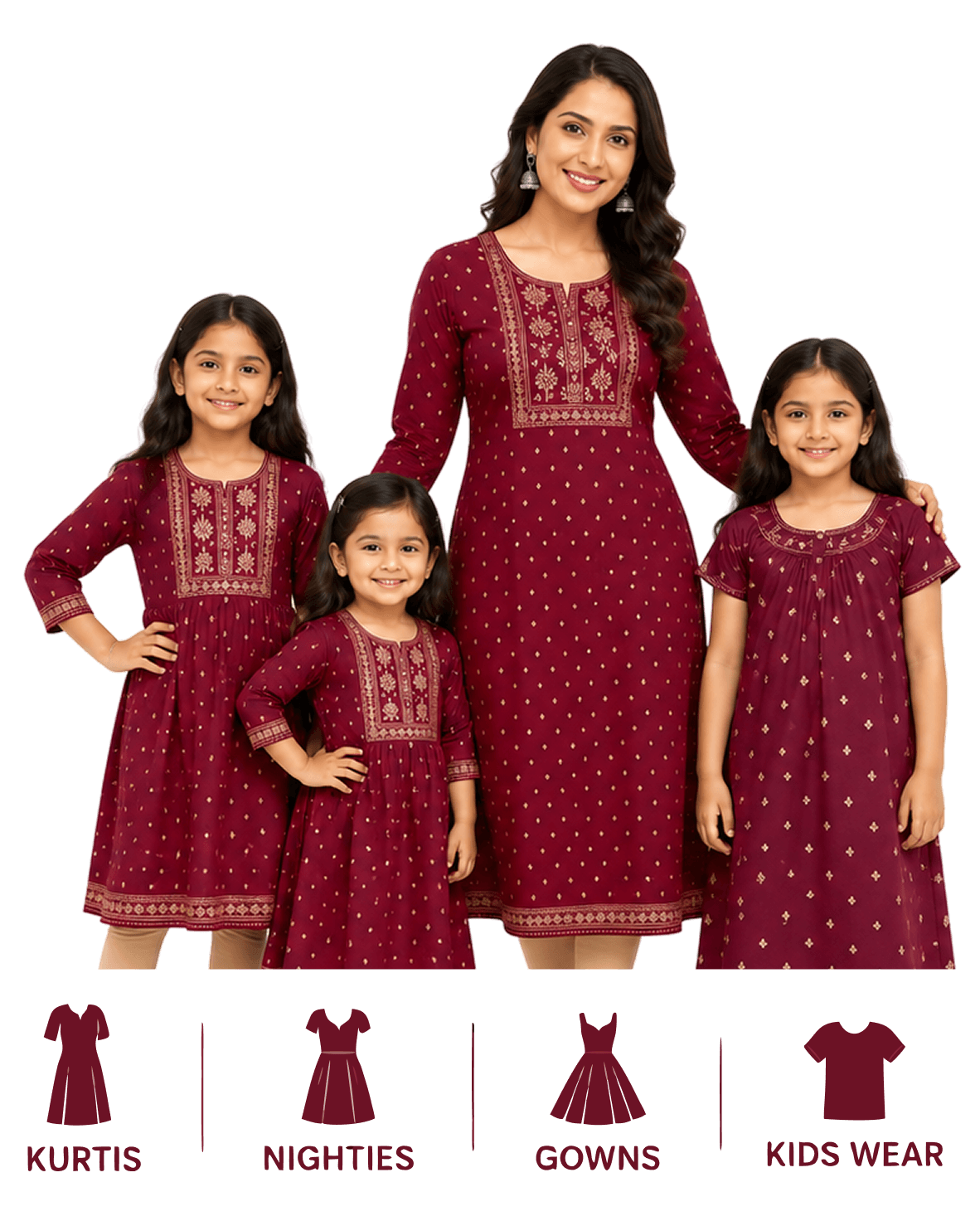 A family wearing matching maroon ethnic outfits from DP Fashion — kurtis, nighties, gowns and kids wear