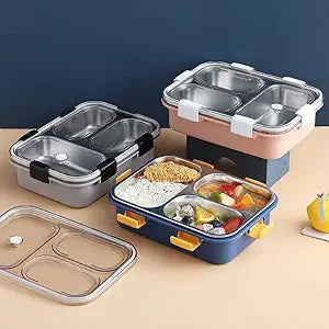 3 Compartment Stainless Steel Lunch Box, Pack Of 1 (Multi Color)